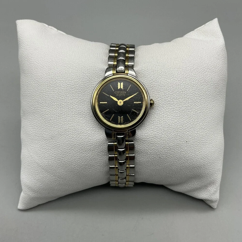 Vintage Citizen Womens Watch 21mm Black Round Dial Two Tone New Battery 6